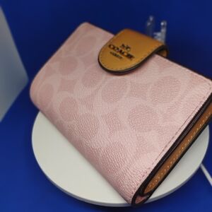 Coach Pink Signature Leather Wallet with Tan Trim